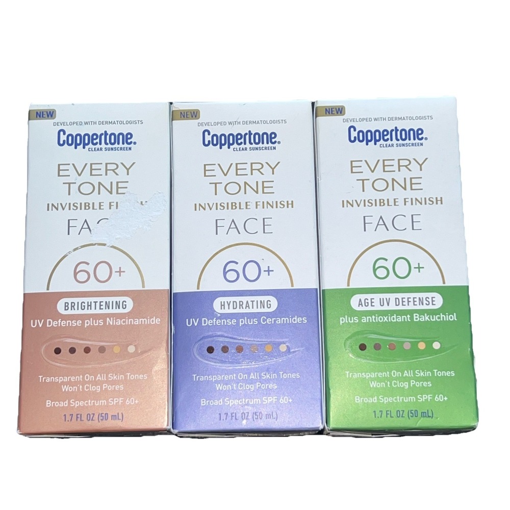 Coppertone Every Tone Invisible Finish Face Sunscreen SPF 60+ Lot of 3 1.7oz New